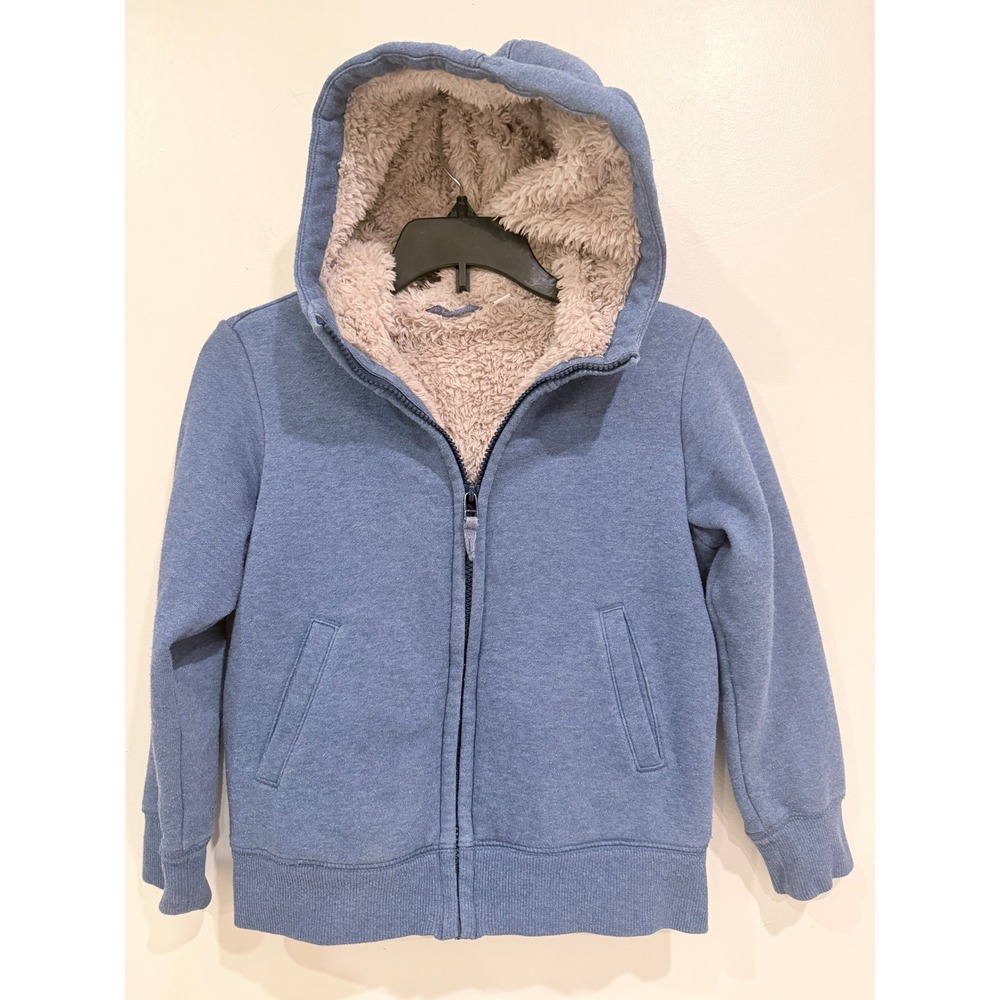 Uniqlo Kids Blue Faux Shearling Lined Full Zip Hoodie Jacket Size 5-6